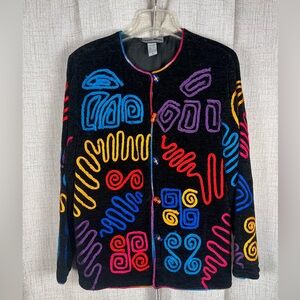 INDIGO MOON Jacket Black Embroidered Colorful Art to Wear Size Small Vintage